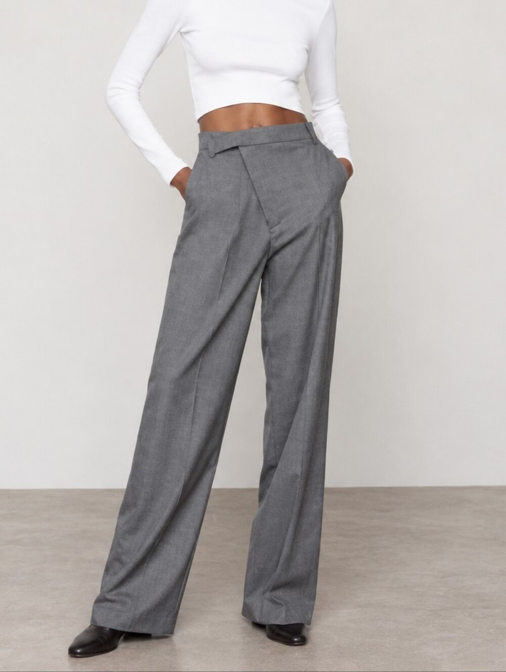 Zara Grey Asymmetric Crossover Waist Wide Leg Trousers Pants XS